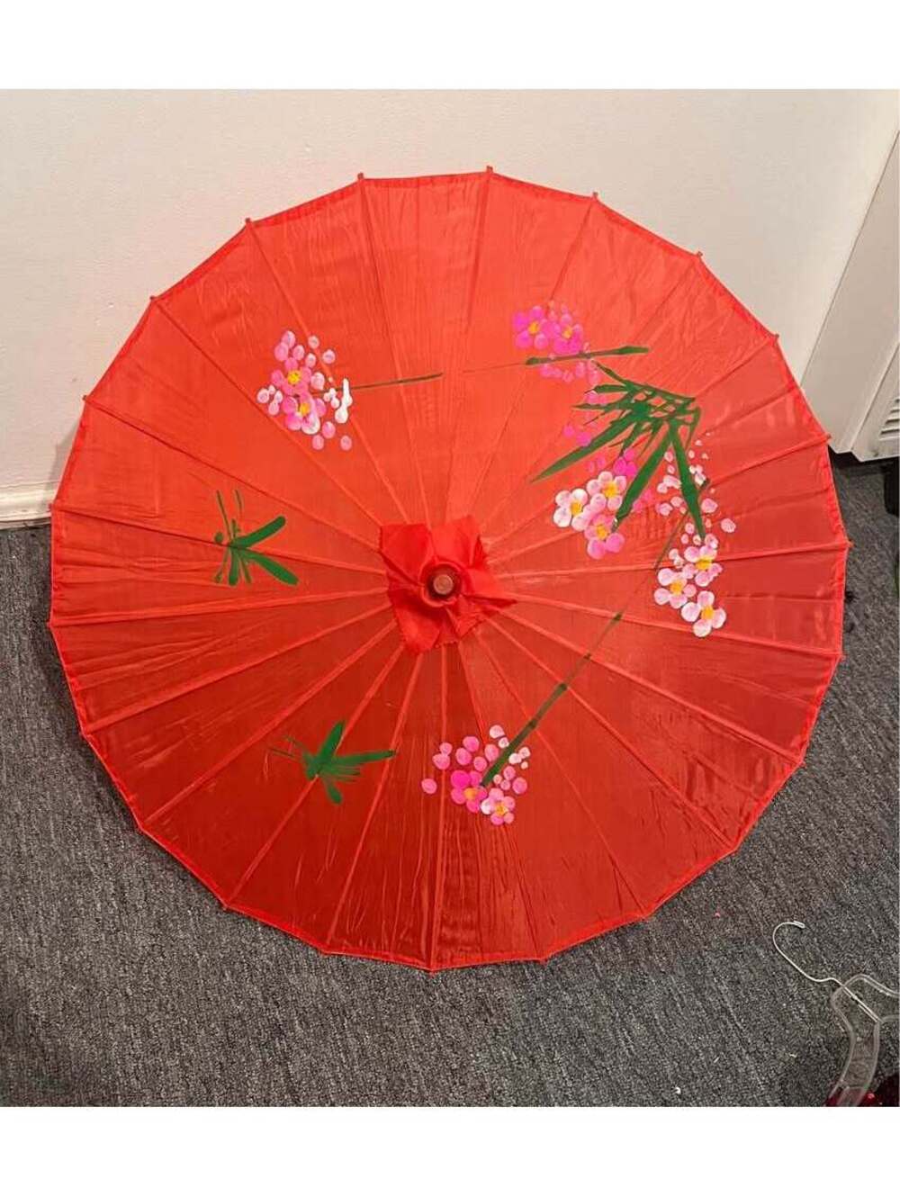 Vintage Red Silk Parasol with Bamboo Handle